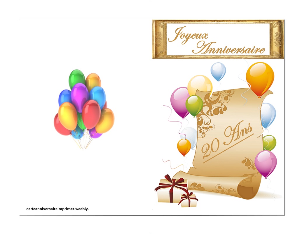 Carte Joyeux Anniversaire 20 Ans Doree gratuit à imprimer (carte 3453)